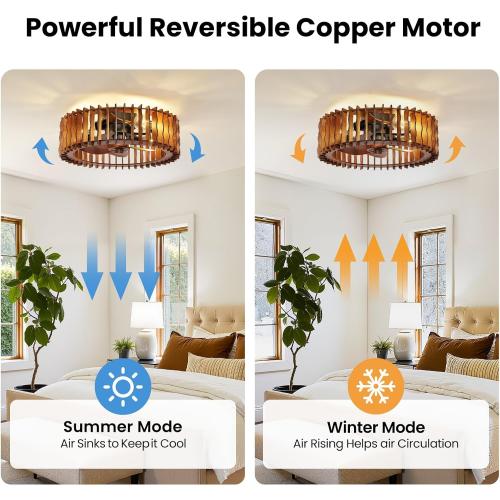 20 Flush Mount Ceiling Fan with Light, Wooden Caged Low Profile Fandelier with Remote, 6-Speed Reversible Bladeless Fan, Farmhouse Ceiling Fan for Bedroom, Kitchen, Living Room