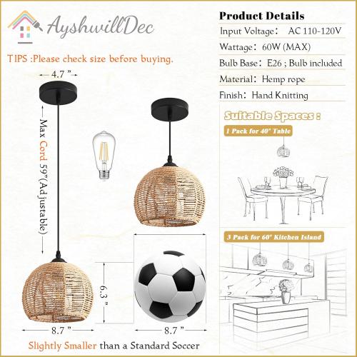 3 Pack Wicker Pendant Light Natural Woven Pendant Light Boho Chandelier Light Fixture Dome Rustic Farmhouse Pendant Lights Rattan Light Fixture for Dining Room Kitchen Island (Bulb Incl.)