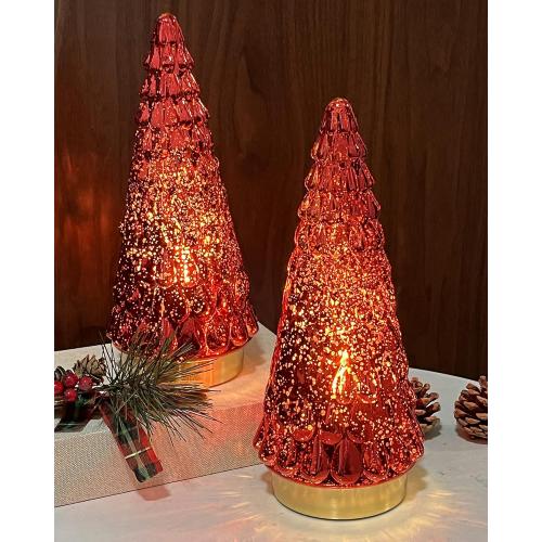 SHMILMH Red Mercury Glass Christmas Tree Set of 2, Small Tabletop Christmas Tree with Light, Battery Operated Xmas Tree for Fireplace Bathroom Decor 10