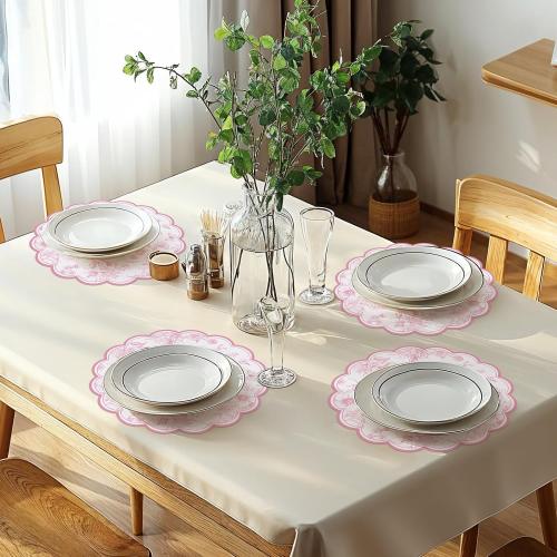 60 Pcs Pink Floral Paper Placemat, 13.5 Inch Disposable Scalloped Table Mat