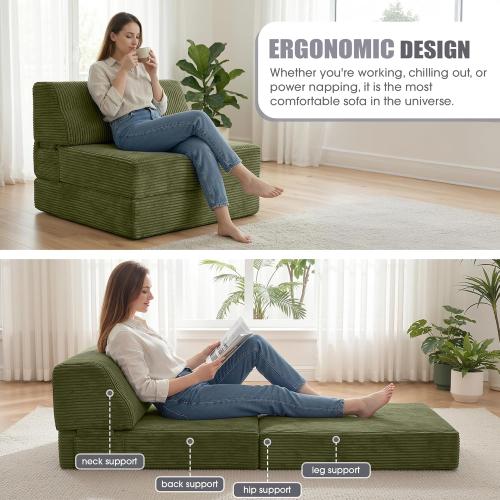 Kasunpul Folding Sofa Bed with Pillow, Memory Foam Fold Out Chair Bed, Convertible Sleeper Chair with Washable Cover, Futon Floor Couch for Living Room/Dorm/Guest Use/Home Office/Apartment, Green