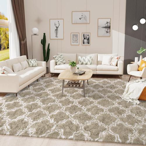 LOCHAS Luxury Shag Area Rug 8 x10 Feet Geometric Plush Fluffy Rugs, Extra Soft Carpet Moroccan Rugs for Bedroom Living Room Dorm Kids, High Pile Shaggy Floor Rug Decor, Beige/White