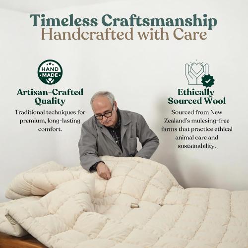 Organic Merino Wool Mattress Topper 1650 GSM - Pillow Top Mattress Pad, Handmade, Non-Toxic, Cooling and Hypoallergenic Wool Topper for Back Pain Relief (Queen)