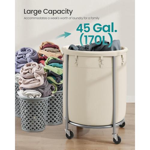 SONGMICS Laundry Basket with Wheels, Rolling Laundry Hamper, 45 Gal., Round Laundry Cart with Steel Frame and Removable Bag, 4 Casters and 2 Brakes, Cream and Silver URLS01MZ