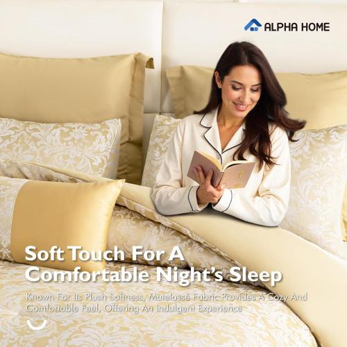 ALPHA HOME Queen Size Jacquard Bedding Comforter Set - All Season Luxurious Elegance With Cushion (1 Comforter, 2 Pillow Shams, 2 Euro Shams)