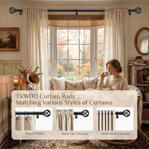 TVWOO Black Decorative Farmhouse Curtain Rods 2Pack:18-45 Adjustable Heavy Duty Single Window Curtain Rod for Bedroom Living Room,Black Boho Rustic Drapery Rods with Vintage Twist Finial Easy Install