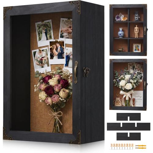 Shadow Box Frame 12x16, 4.7-inch Depth, Black Solid Wood Shadow Box Display Case with Removable 6-Grid Shelves, Vintage Metal Corner Guards, Handle & Lock, Extra Deep Large Shadow Box for Medals‼️light dirt and good condition‼️