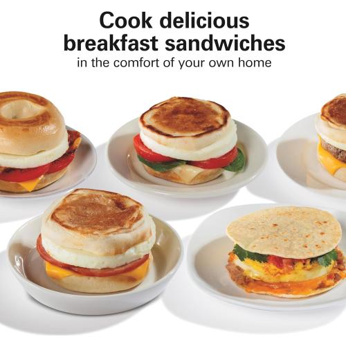 Hamilton Beach Dual Breakfast Sandwich Maker with Timer, Ready in 5 Minutes, Removable Dishwasher Safe PFAS-Free Non-Stick Egg Cooker Ring, Silver (25490MNA)