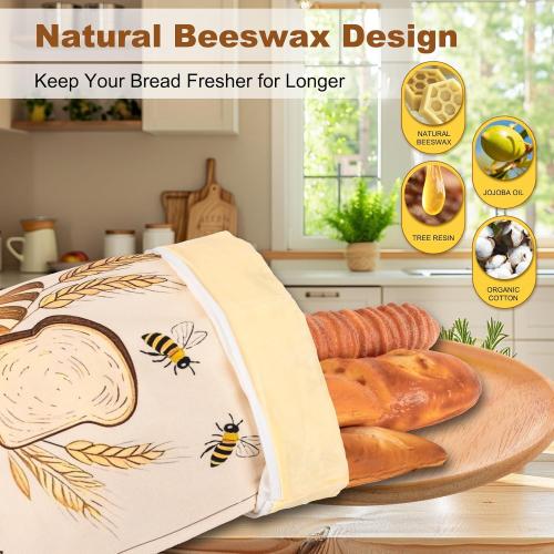 2 Pack Reusable Beeswax Bread Bags for Sourdough, 17inx13in Bread Bags for Homemade Bread, XL Natural Beewax Lined Bread Bag, Freezer Friendly Freshness Preservation for Food Storage