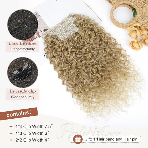 Clip in Hair Extensions, FLUFYMOOZ 4PC 100％ Pure Protein Silk Hair Extensions Long Soft Natural Hairpiece 20 Inch Curly Hair Extension for Women (Medium Blonde to Light Blonde)