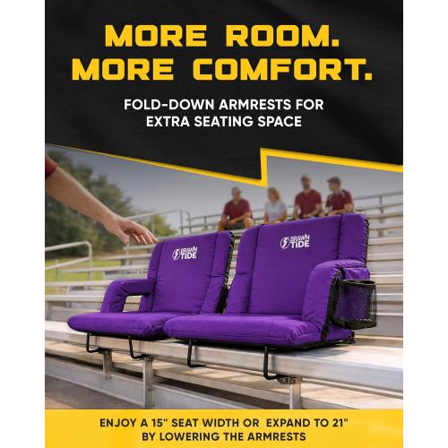 BRAWNTIDE Stadium Seat for Bleachers with Back Support - Wide Padded Reclining Bleacher Seat, Portable Folding Stadium Chair with Armrests, Hooks, Straps, Cup Holders & Pockets (Purple, 21)