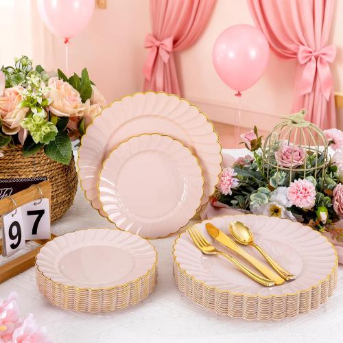 YOUBET 60PCS Pink Scalloped Plastic Plates - Hard Pink and Gold Fancy Disposable Plates include 30 Gold Dinner Plate, 30 Dessert Plate for Party & Wedding & Baby Shower Valentines Day