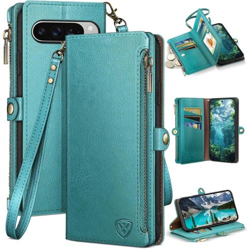 XcaseBar compatible with ‌Google Pixel 10 Pro XL 6.8Wallet case with Zipper Credit Card Holder【RFID Blocking】,Flip Folio Book PU Phone case Shockproof Cover Women Men for Pixel10ProXL case Blue Green