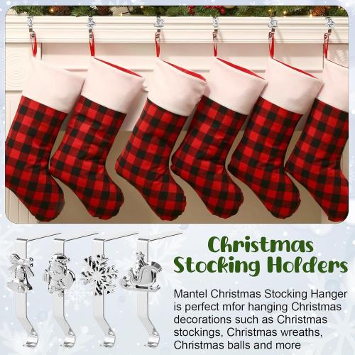 Christmas Stocking Holders, 4 Pack Xmas Stocking Holders Hangers for Mantel Fireplace Metal Stocking Hooks Stand for Christmas Party Decoration, Silver