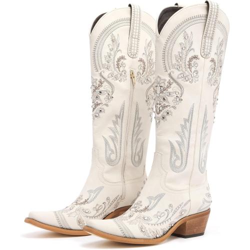 Western Cowboy Boots for Women Embroidered Rhinestones Knee High Cowgirl Boots Pointed Toe Chunky Heel Fashion Retro Classic Tall Boot SIZE 8