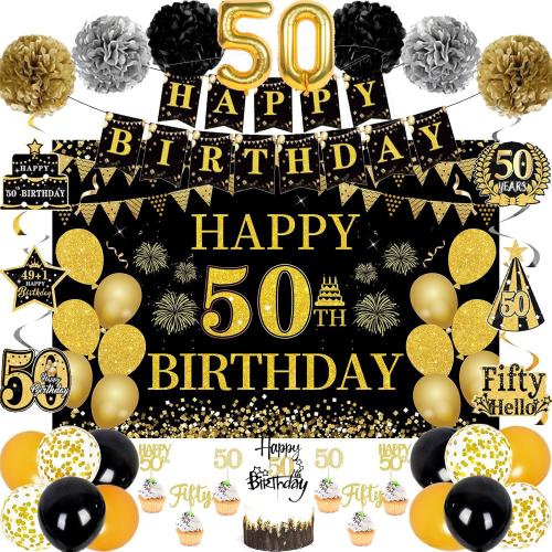 50th Birthday Decorations for Men Women, 46 Pcs Black Gold Happy 50 Year Old Party Supplies 1975 Birthday Gifts Banner Backdrop Balloon Cake Topper Honeycomb Centerpiece Hanging Swirls Set
