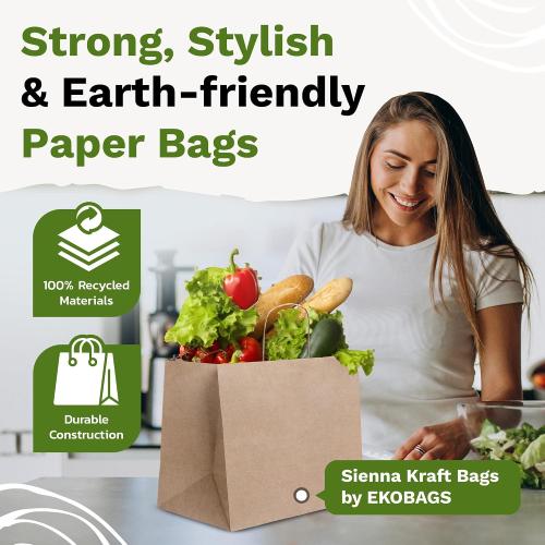 EKOBAGS SIENNA 100 | Extra Large 12x8x13 Heavy Duty Kraft Paper Gift Bags with Handles | 115 GSM Premium Brown Paper Bags Bulk for Small Business, Boutique, Shopping, Catering | FSC Certified, Recyclable | Holds 10 lbs