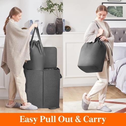 Lifewit Double Laundry Hamper with Lid and Removable Laundry Bags, Large Collapsible 2 Dividers Dirty Clothes Basket with Handles for Bedroom Laundry Room Closet Bathroom College, gray