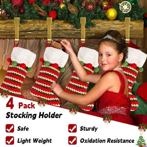 Gold Stocking Holdears for Mantle Set of 4, Christmas Stocking Holders, Stocking Hangers Hooks for Mantle for Christmas Ornaments for Counter Tables, Fireplace Mantle Decoration