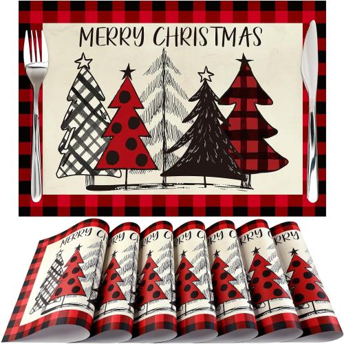Umigy 60 Pcs Christmas Dinner Paper Placemats 10.24 x 14.57 Inch Christmas Tree Buffalo Plaid Disposable Paper Placemats Black and Red Table Mats for Xmas Dinner Kitchen Party Supplies