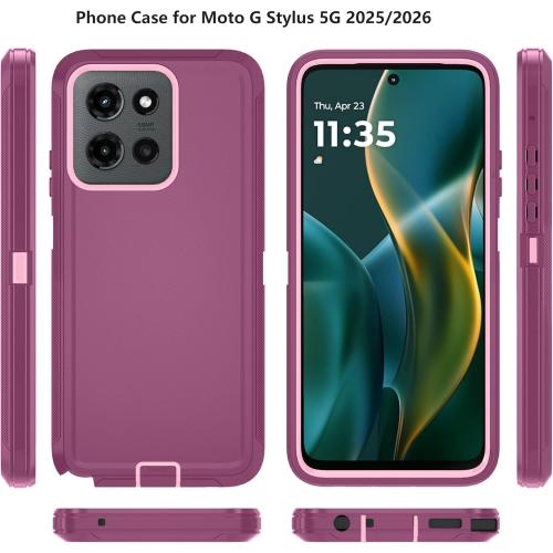 Qinmay for Moto G Stylus 5G 2026/2025 Case, 3-Layer Cover, WineRedPink