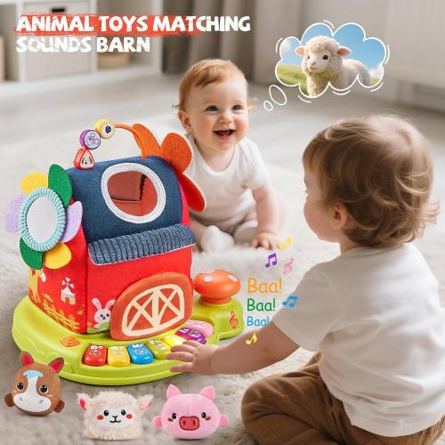 Musical Baby Toys 6-12 Months, Surprise Barn with 7 PCS Stuffed Farm Animals, 4 Mode Sound and LED Lights, Montessori Sensory Toys for 6 12 Months, Ideals 6 7 8 9 Month Old Baby Gifts Toy