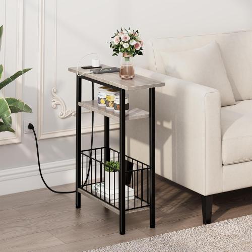 Vagusicc Narrow Side Table with Charging Station, Skinny Side End Table for Couch, 3-Tier Small End Tables for Small Spaces, 25.2 Tall Slim Nightstand Bedside Table for Living Room, Bedroom, Greige