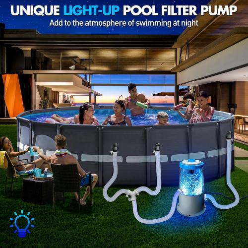 KimPump 1000 GPH Light-Up Pool Filter Pump for Above Ground Pool|Built-in Blue LED Light,Transparent Housing for Real-Time Water Circulation &Filtration Monitor, Pool Cartridge Filter Pump System Cyan