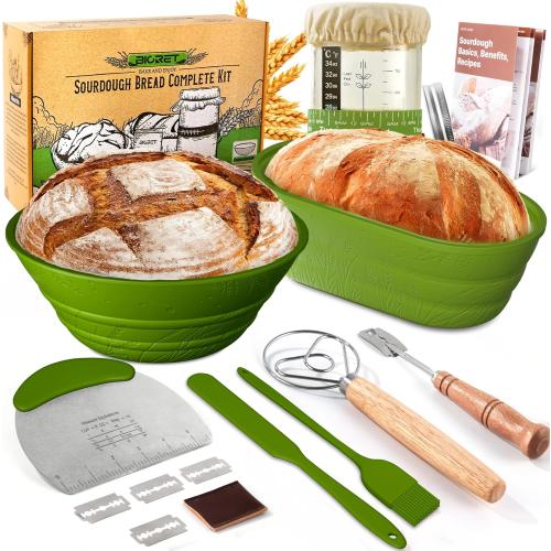 Sourdough Bread Baking Supplies 34 OZ Sourdough starter kit with 2 Bread Proofing Basket - Green