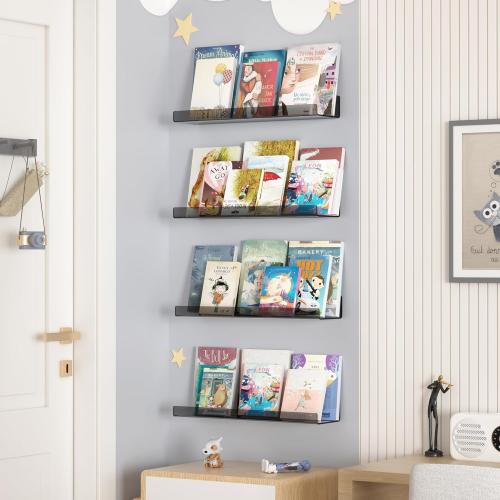 upsimples Acrylic Shelves for Wall Decor, 15 Display Shelf Perfume Organizer for Bathroom, Bedroom, Living Room, Floating Bookshelves for Kids, Clear Black, 4 Pack