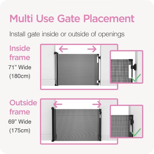 Retractable Baby Gate Perma Child Safety 33 Tall x 71” Wide, Mesh, for Stairs, Doorways, Dogs, Pets, Indoor, Outdoor, One-Handed Operation, Locking, Easy Install, Hardware Mount, Black