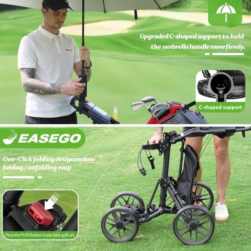 EASEGO Golf Push Cart 4 Wheel : Golf Walking Carts with Phone Holder/Cup Holder/Umbrella Holder/Foot Brake/Cooler Basket 3 Wheel Superlite Golf Pull Cart All-Terrain Golf Caddy Carts