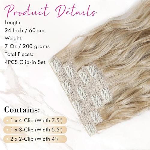 Set of 4 Color Blond REECHO Clip in Hair Extensions, 4PCS Blonde Hair Extensions 24 Thick Long Beach Waves hair extensions HE003 Invisible Lace Weft Natural Soft Hairpieces for Women – Dark Blonde with Light Ends