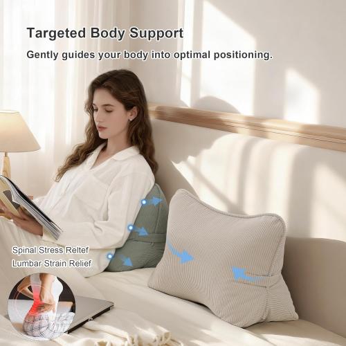 Pat. Pend. Corduroy Lumbar Support Back Pillow for Watching TV, Reading & Gaming, Ergonomic Triangle Support Cushion for Sofa, Armchair & Bed Sitting, Removable Washable Cover, Beige Gray