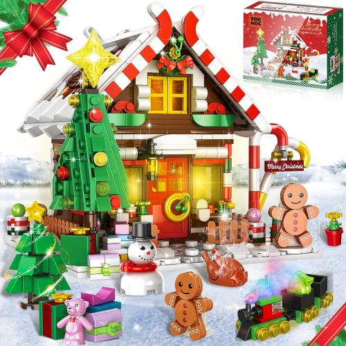 Christmas Gingerbread House Building, Christmas Village House Building Set, Contain Christmas Tree and Train, Xmas Brick Toy Gifts for Adults Teens and Kids 1288PCS