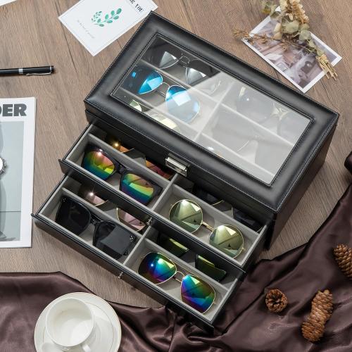Size 18 Slots ProCase 3-layer Sunglasses Storage Organizer, 18 Slots Leather Sunglass Box Multiple Pairs Eyeglass Cases Eye Glass Eyewear Display Holder for Men Women, Father's Day Gift -Black