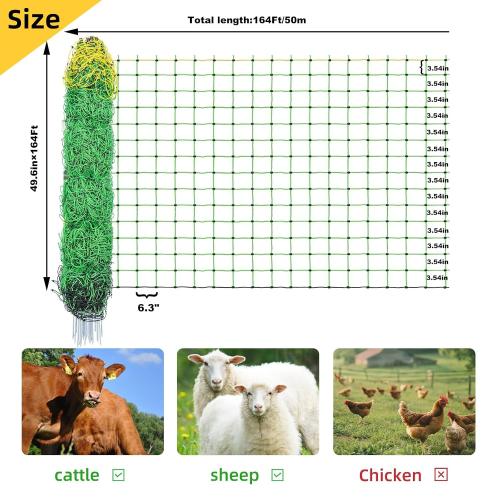 Size Large Color Green and yellow Electric Fence Netting, Electric Livestock Netting with 14 Double Barbed Poles, Suitable for Pigs, Cows, Sheep and Other Large Animals, Portable Electric Fence for Farms, Ranches
