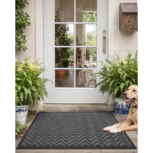 DEXI Front Door Mat Outside Entrance, 2x4 ft Rubber Entry Doormat Heavy Duty, Welcome Mats Non Slip for Inside House Floor Entryway Double Doors Exterior Patio, Chevron Dark Grey