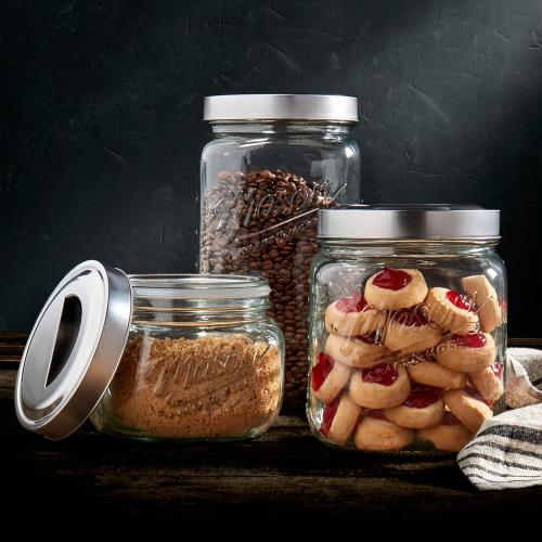 Mason Craft & More Airtight Kitchen Food Storage Clear Glass Pop Up Lid Canister, 3 Piece Pop Up Graduated Canister Set (1.6L, 2.75L, and 4.6L)