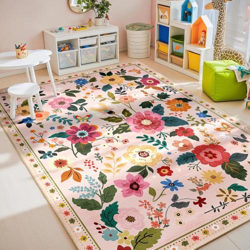 Floral Nursery 8x10 Area Rugs Washable Print Boho Cute Carpet Non Slip Flower Low Pile for Living Room Kids Girls Playroom Bedroom Kitchen Office Farmhouse-Pink