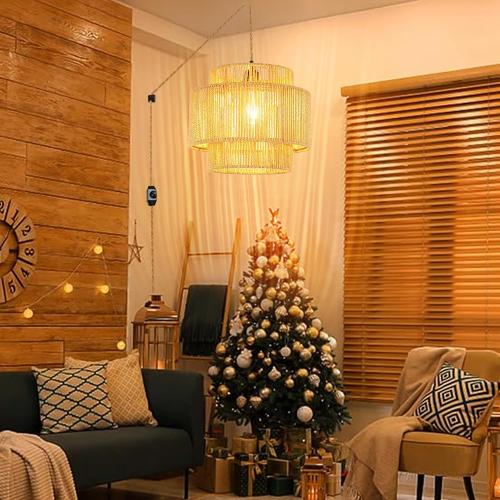 QIYIZM Plug in Pendant Light Hanging Lights with Plug in Cord Hanging Lamp Boho Rattan Dimmable Wicker Bamboo Woven Shade Hemp Rope Ceiling Light Fixture for Living Room Bedroom Kitchen