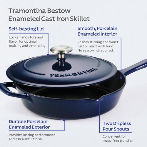 Tramontina Bestow Enameled Cast Iron Skillet with Lid, 12-inch Frying Pan, Blue