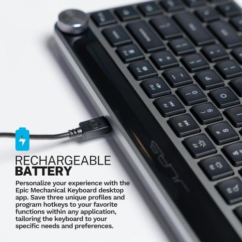 JLab Epic Mini Wireless Keyboard, Black, 108 Keys, Connect Via Bluetooth or USB Wireless Dongle, Multi-Device Toggle, Soft Touch Keys, Smart Media Knob, Custom User Profiles, Rechargeable (1 Pack)