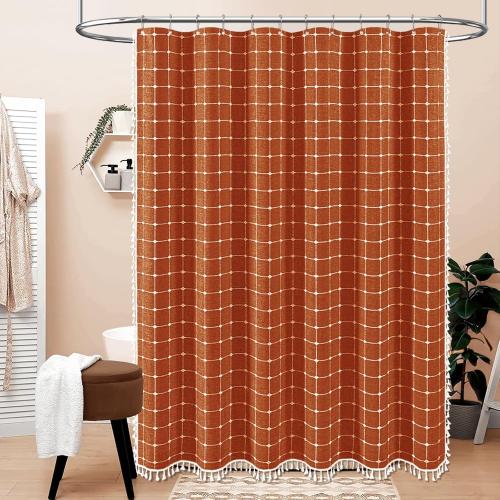 BTTN Boho Farmhouse Shower Curtain - Linen Rustic Heavy Duty Fabric Shower Curtain Set with Tassel, Water Repellent, Bohemian Vintage Country Cloth Shower Curtains for Bathroom - Burnt Orange -