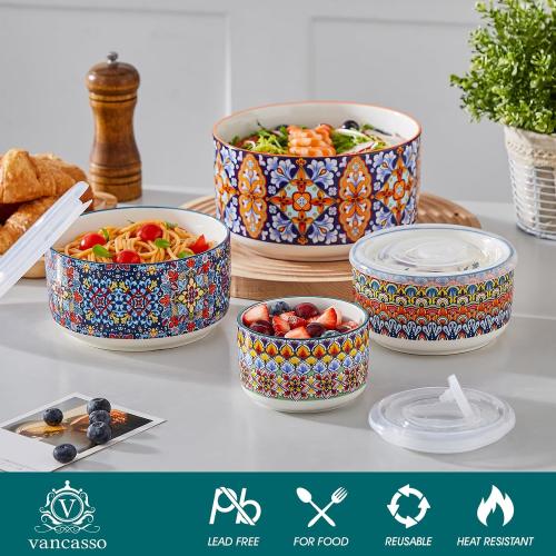 vancasso Serving Bowls with Lids Set of 4, Ceramic Nesting Mixing Bowls for Food Storage, Prep and Stackable, Dishwasher & Microwave Safe Gift Set