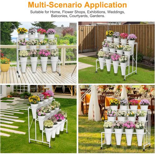 Flower Stand, 3-Tier Flower Display Stand with Buckets for Indoor Outdoor, Flower Cart Display Stand with Wheels for Courtyard, Balcony, Flower Shop, Wedding, Party, Exhibition, White