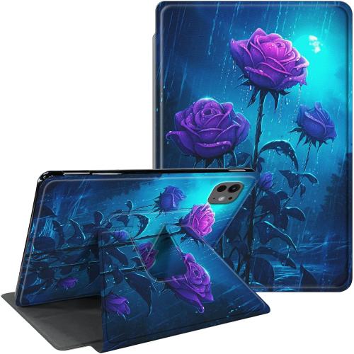 for iPad Pro 13 inch Case 2024 M4 with 360 Degree Rotating Stand Protective Smart Cover with Auto Wake Sleep Case for iPad Pro 13 inch 7th Generation 2024 - Purple Roses Flower in The Rain