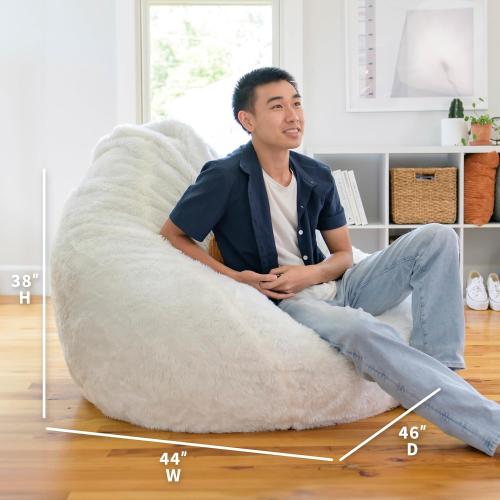 Big Joe Lotus Foam Filled Teardrop Bean Bag Chair with Removable Cover, Ivory Short Shag, Soft Faux Fur, 4 feet Big, Fuf Large Teardrop
