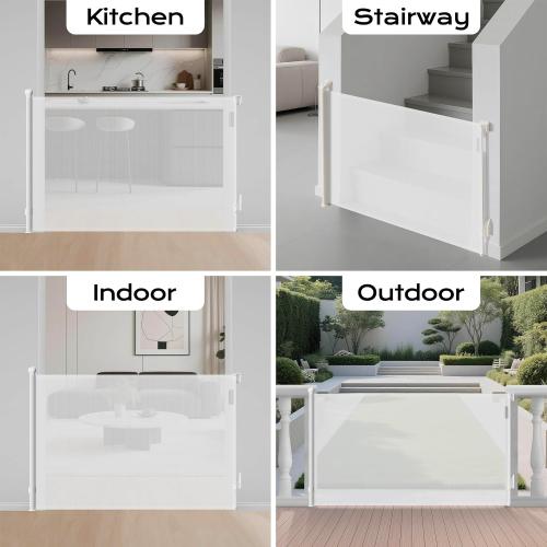 Retractable Baby Gate for Stairs, 55 Wide 38 High Pet Gate with Auto-Retract System, One-Hand Operation, Mesh Baby Gate for Doorways, Hallways, Decks, Indoor & Outdoor, White