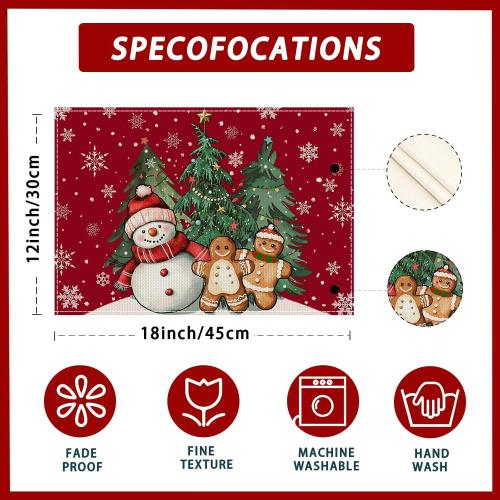 XCHI Winter Red Snowman Gingerbread Man Christmas Tree Xmas Placemats Set of 4 Table Mats for Party Home Kitchen Dining Table Decorations 12x18 Inch